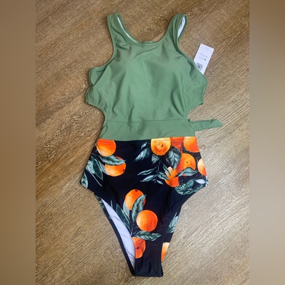 Olive Green and Black Floral Women's Swimsuit - Picture 3 of 5